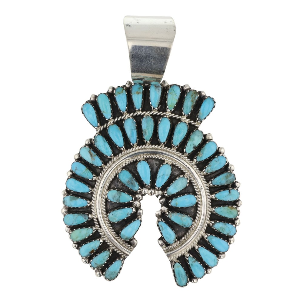 Zeta Begay Navajo Kingman Turquoise Naja Pendant: Sterling Silver | Genuine Kingman Turquoise | Zeta Begay Navajo Kingman Turquoise Naja Pendant | Navajo Native American Southwest Indian Jewelry | Good (no breaks or damages) | Approximate Weight: 19 