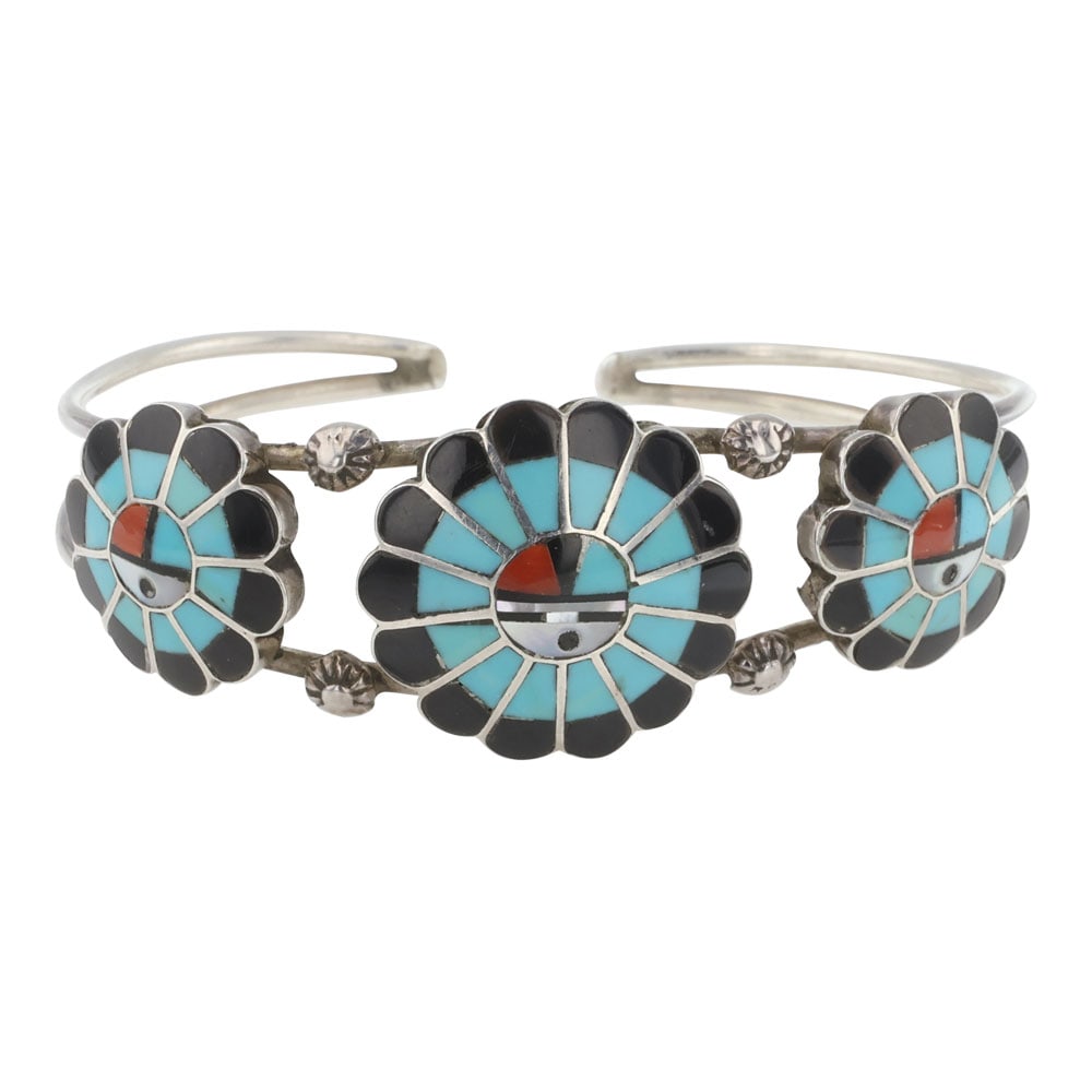 Burdian Soseeah Zuni Turquoise Coral Mother of Peral & jet inlay Bracelet: Sterling Silver | Genuine Turquoise, Coral, Mother of Pearl & jet | Burdian Soseeah Zuni Turquoise Coral Mother of Peral & jet inlay Bracelet | Zuni Native American Southwest Indian Jewelry | Good (no