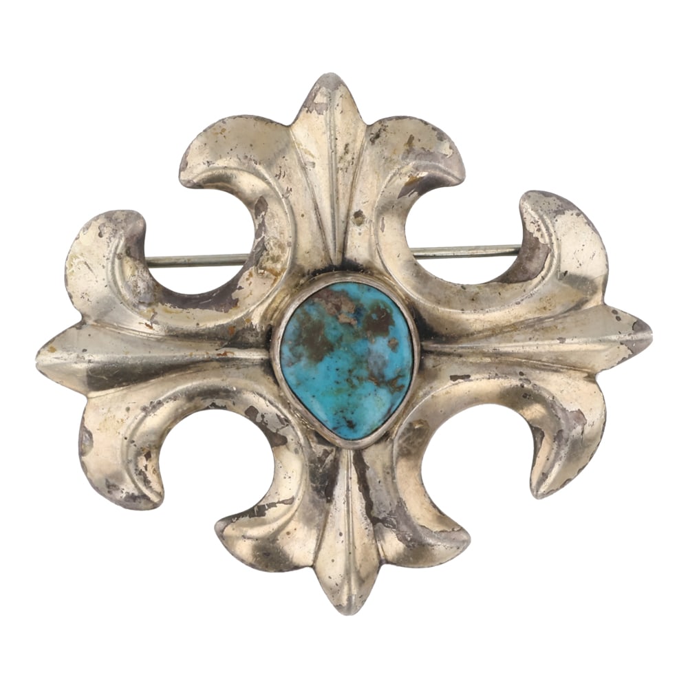 Vintage Navajo Blue Ridge Turquoise Sandcast Pin / Pendant: Sterling Silver | Genuine Blue Ridge Turquoise | Vintage Navajo Blue Ridge Turquoise Sandcast Pin / Pendant | Navajo Native American Southwest Indian Jewelry | Good (no breaks or damages) | Approximat