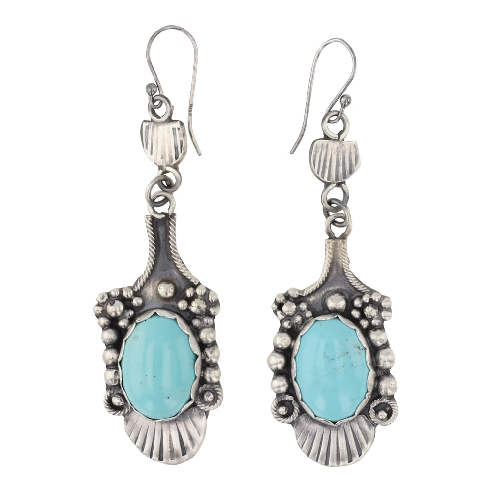 Lydia Bega Navajo Compitos Turquoise Earrings: Sterling Silver | Genuine Compitos Turquoise | Lydia Bega Navajo Compitos Turquoise Earrings | Navajo Native American Southwest Indian Jewelry | Good (no breaks or damages) | Approximate Weight: 17 Gr