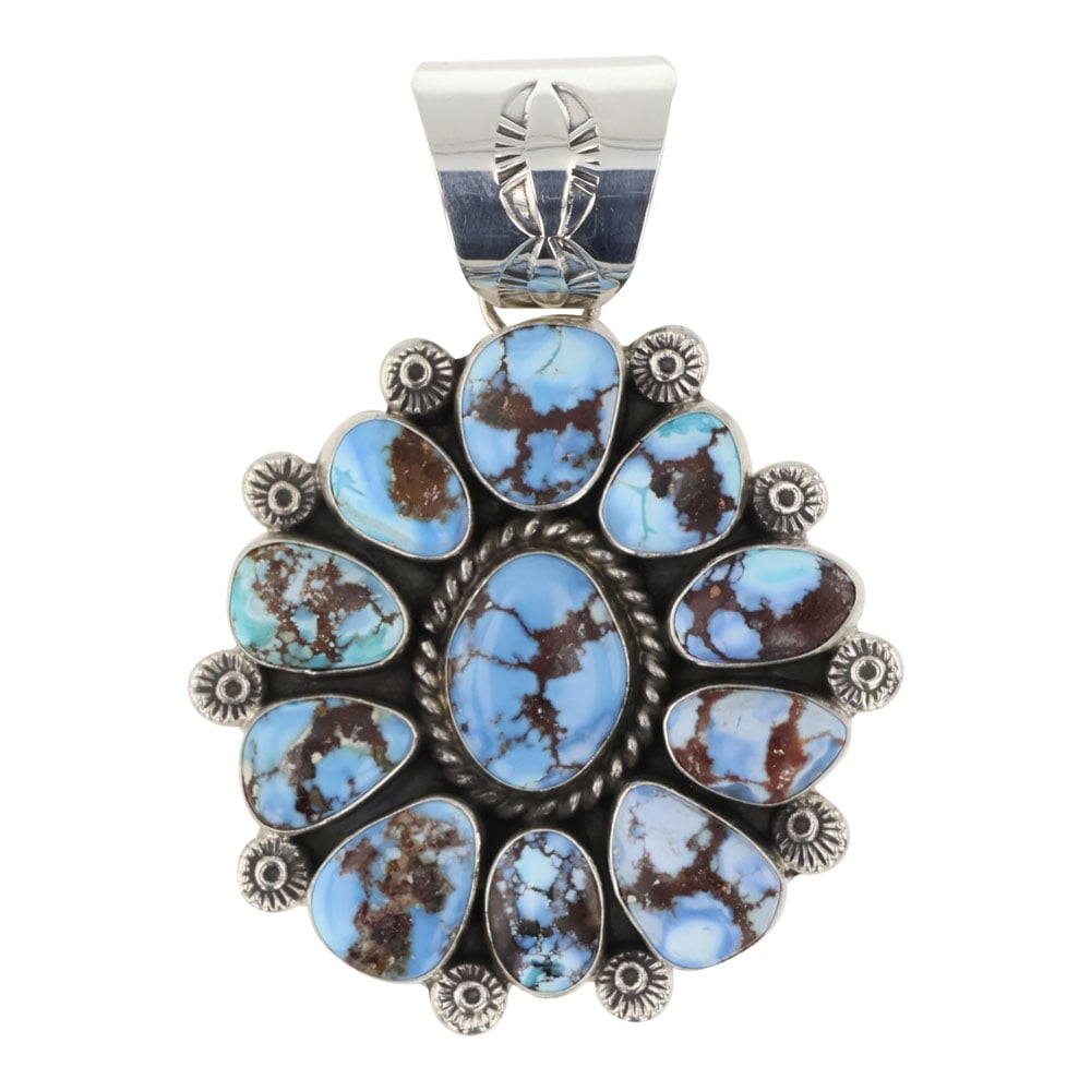 Ella Linkin Navajo Golden Hill Turquoise Cluster Pendant: Sterling Silver | Genuine Golden Hill Turquoise | Ella Linkin Navajo Golden Hill Turquoise Cluster Pendant | Navajo Native American Southwest Indian Jewelry | Good (no breaks or damages) | Approximate
