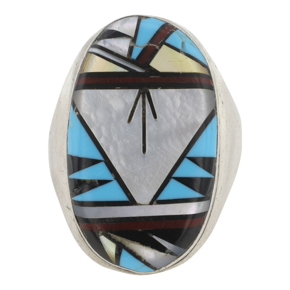 Zuni Turquoise Jet Black Mother of Peral & Shell Inlay Men's Ring (1 of 3)