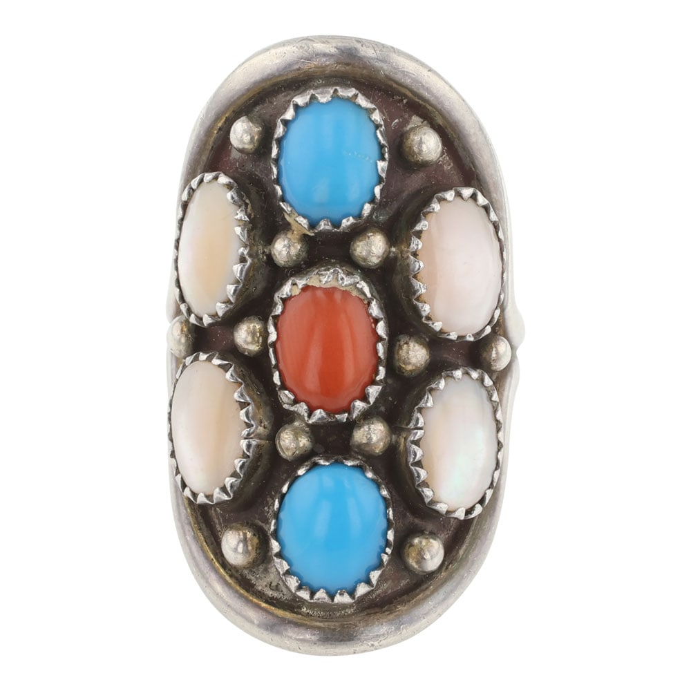 Navajo Turquoise Coral & Mussel Shell Saddle Ring: Sterling Silver | Genuine Turquoise, Coral & Mussel Shell | Navajo Turquoise Coral & Mussel Shell Saddle Ring | Navajo Native American Southwest Indian Jewelry | Good (no breaks or damages) | Approxim