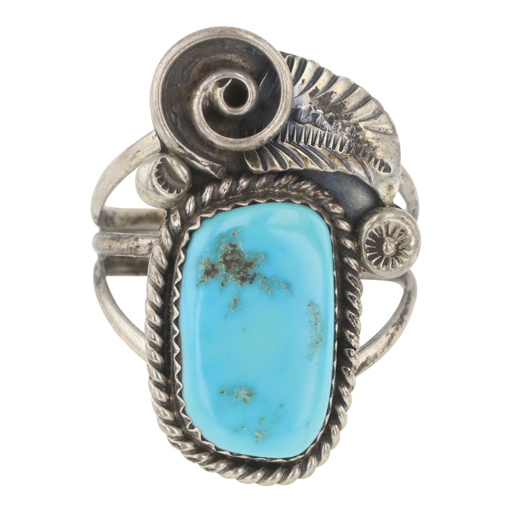 Vintage Navajo Kingman Turquoise Leaf Work Ring (1 of 3)