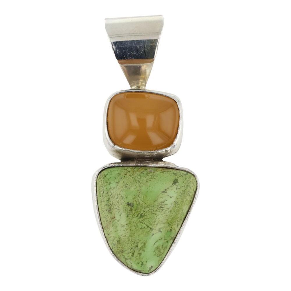 Beatty Tom Navajo Carnelian & Gaspeite Pendant: Sterling Silver | Genuine Carnelian & Gaspeite | Beatty Tom Navajo Carnelian & Gaspeite Pendant | Navajo Native American Southwest Indian Jewelry | Good (no breaks or damages) | Approximate Weight: 8 