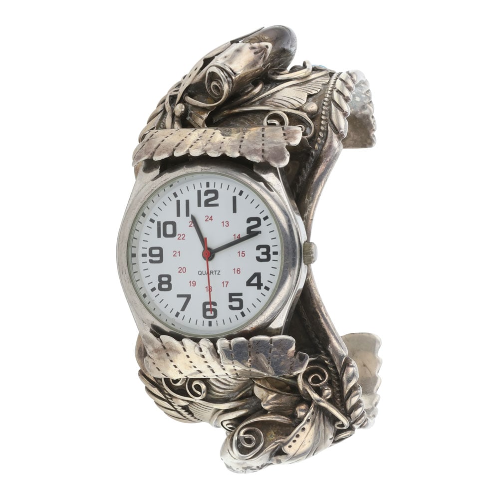 Vintage Victor Chee Navajo Turquoise Coral & Bear Claw Watch Cuff Bracelet (1 of 4)