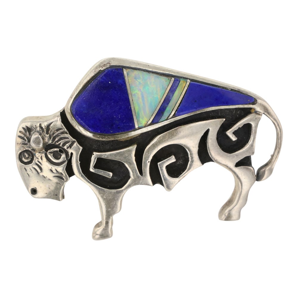 Navajo lapis & Synthetic Opal Inlay Buffalo Pin: Sterling Silver | Genuine Lapis, & Synthetic Opal | Navajo lapis & Synthetic Opal Inlay Buffalo Pin | Navajo Native American Southwest Indian Jewelry | Good (no breaks or damages) | Approximate Weight