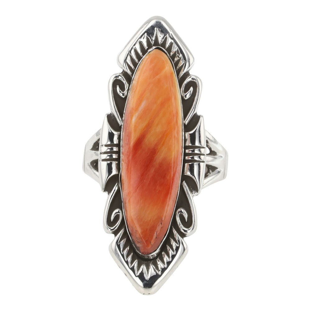 Navajo Spiny Oyster Ring: Sterling Silver | Genuine Spiny Oyster | Navajo Spiny Oyster Ring | Navajo Native American Southwest Indian Jewelry | Good (no breaks or damages) | Approximate Weight: 10 Grams | Ring: 7.25 size, 1.5"
