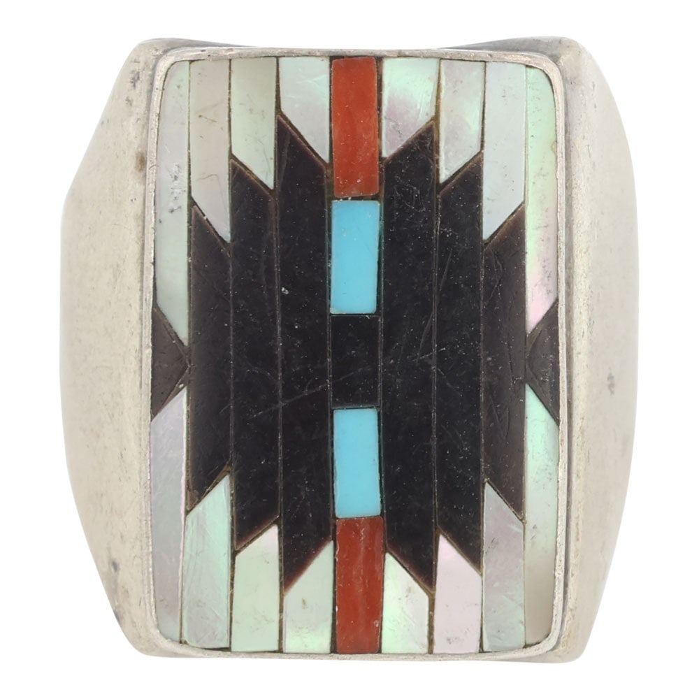 Vintage Zuni Turquoise Coral Jet Black & Mother of pearl Inlay Men's Ring (1 of 3)