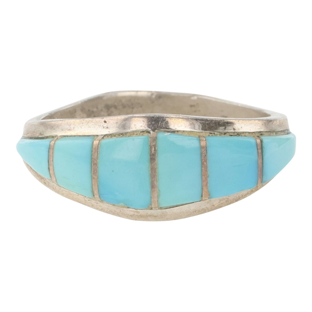 Navajo Turquoise Inlay Ring: Sterling Silver | Genuine Turquoise | Navajo Turquoise Inlay Ring | Navajo Native American Southwest Indian Jewelry | Good (no breaks or damages) | Approximate Weight: 2 | Ring: 6.5 size, .25" face wi