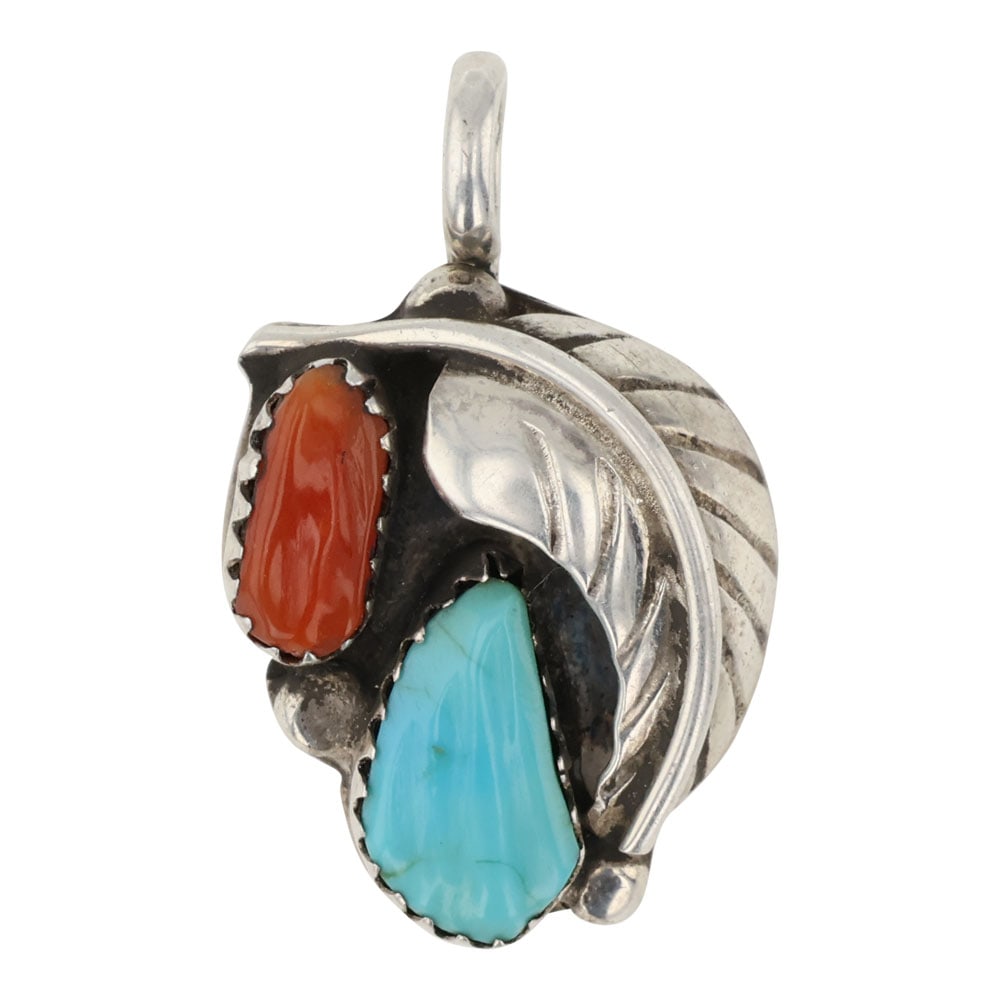 Zuni Turquoise & Coral Pendant: Sterling Silver | Genuine Turquoise & Coral | Zuni Turquoise & Coral Pendant | Zuni Native American Southwest Indian Jewelry | Good (no breaks or damages) | Approximate Weight: 3 Grams | Pendant: .75"