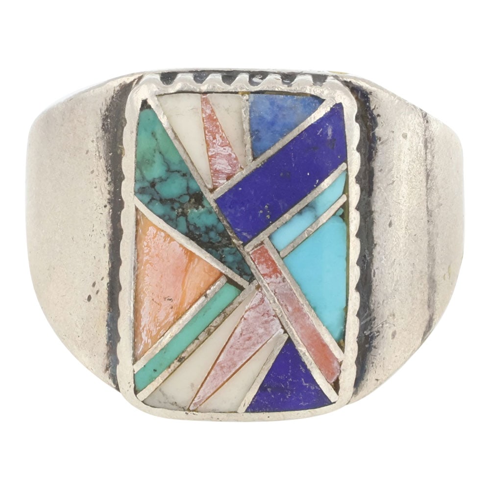 Vintage Navajo Turquoise Lapis & Rhodochrosite Inlay Ring: Sterling Silver | Genuine Turquoise, Lapis, & Rhodochrosite | Vintage Navajo Turquoise Lapis & Rhodochrosite Inlay Ring | Navajo Native American Southwest Indian Jewelry | Good (no breaks or damages) 