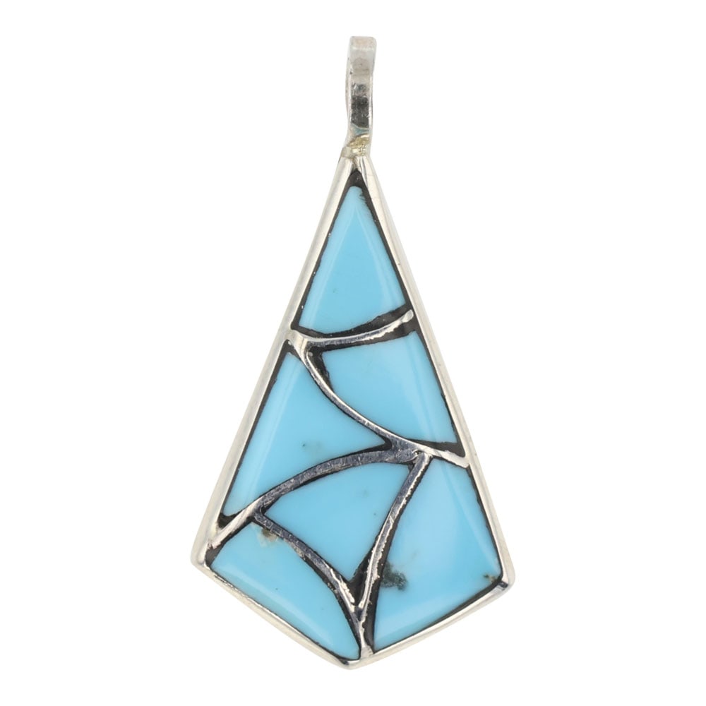 Zuni Turquoise Inlay Pendant: Sterling Silver | Genuine Turquoise | Zuni Turquoise Inlay Pendant | Zuni Native American Southwest Indian Jewelry | Good (no breaks or damages) | Approximate Weight: 1 Grams | Pendant: .5" x 1" Signe