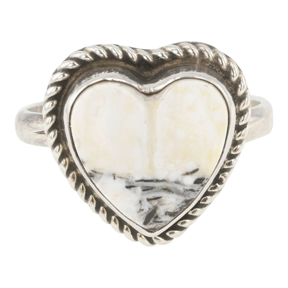 Navajo White Buffalo Heart Shaped Ring: Sterling Silver | Genuine White Buffalo | Navajo White Buffalo Heart Shaped Ring | Navajo Native American Southwest Indian Jewelry | Good (no breaks or damages) | Approximate Weight: 6 Grams | Ring: 9