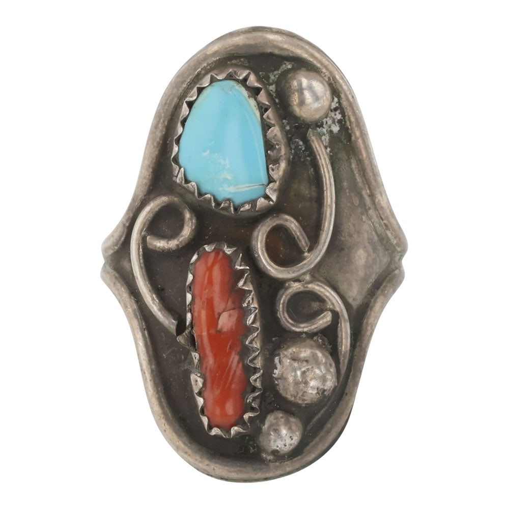 Vintage Navajo Turquoise & Coral Saddle Ring: Sterling Silver | Genuine Turquoise & Coral | Vintage Navajo Turquoise & Coral Saddle Ring | Navajo Native American Southwest Indian Jewelry | Good (no breaks or damages) | Approximate Weight: 4 | Rin