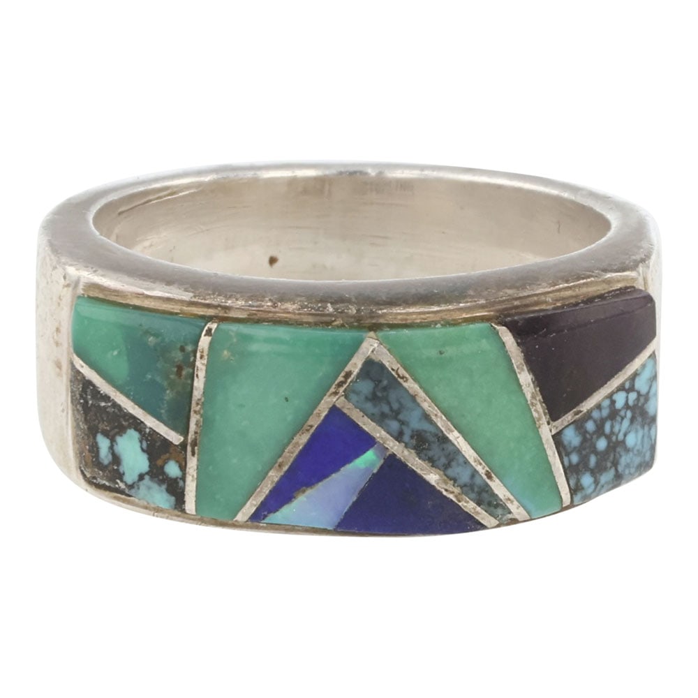 Touch of Santa Fe Southwest Shop Variscite Turquoise Lapis & Opal Inlay Ring: Sterling Silver | Genuine Turquoise, Variscite, Lapis, Opal | Touch of Santa Fe Southwest Shop Variscite Turquoise Lapis & Opal Inlay Ring | Navajo Native American Southwest Indian Jewelry | Good (no 