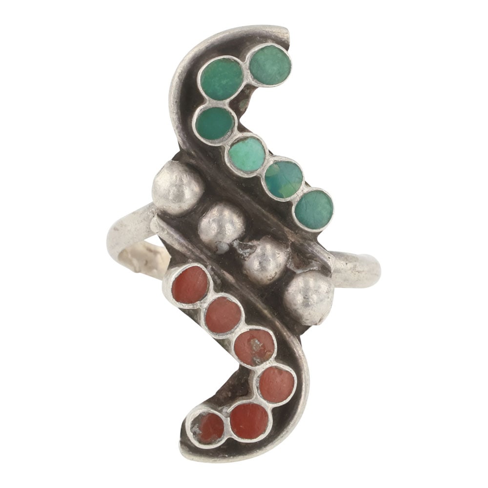 Vintage Zuni Turquoise & Coral Inlay Ring: Sterling Silver | Genuine Turquoise & Coral | Vintage Zuni Turquoise & Coral Inlay Ring | Zuni Native American Southwest Indian Jewelry | Good (no breaks or damages) | Approximate Weight: 5 Grams | Ri