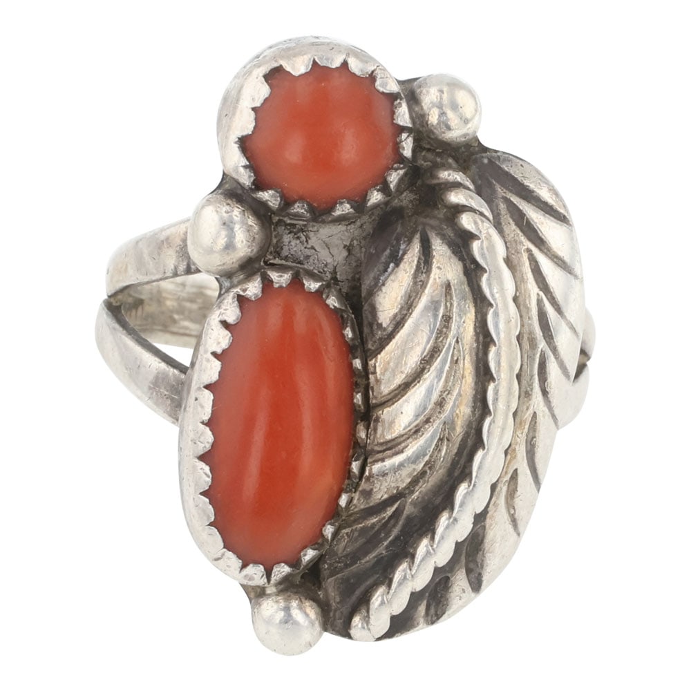 Vintage Navajo Coral Ring: Sterling Silver | Genuine Coral | Vintage Navajo Coral Ring | Navajo Native American Southwest Indian Jewelry | Good (no breaks or damages) | Approximate Weight: 6 Grams | Ring: 3.5 size, 1" face widt