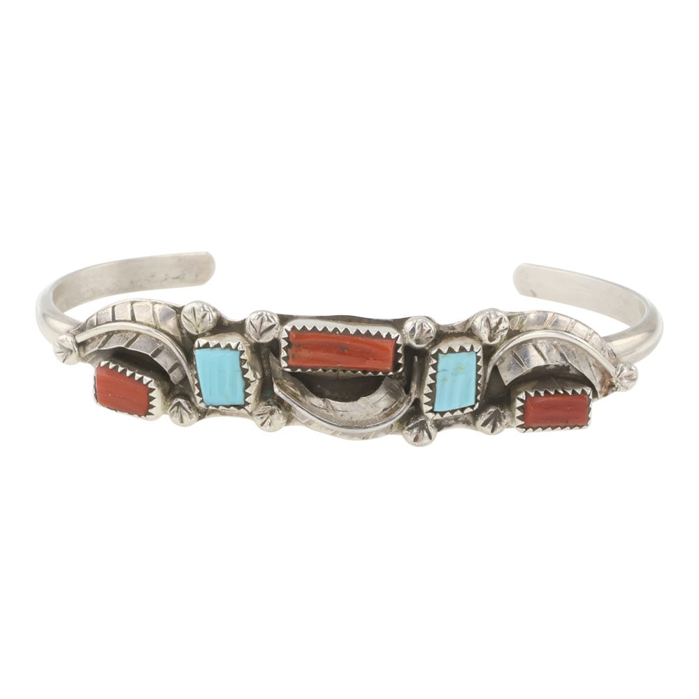 Anny Locaspino Zuni Turquoise & Coral Cuff Bracelet: Sterling Silver | Genuine Turquoise & Coral | Anny Locaspino Zuni Turquoise & Coral Cuff Bracelet | Zuni Native American Southwest Indian Jewelry | Good (no breaks or damages) | Approximate Weight: 16