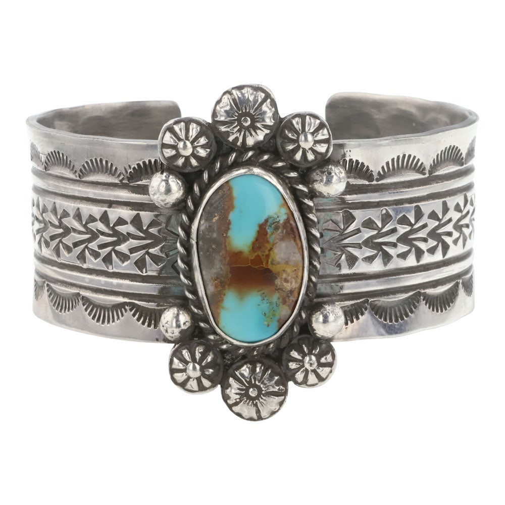 Damian Cotton Navajo Royston Turquoise Cuff Bracelet: Sterling Silver | Genuine Royston Turquoise | Damian Cotton Navajo Royston Turquoise Cuff Bracelet | Navajo Native American Southwest Indian Jewelry | Good (no breaks or damages) | Approximate Weight: