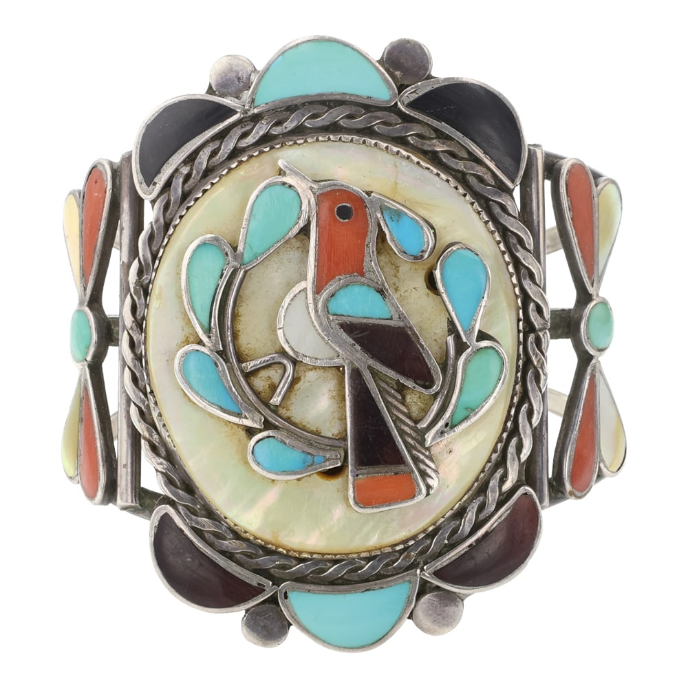 Vintage Zuni Mediterranean Coral Turquoise & Shell Inlay Hummingbird Cuff Bracelet (1 of 3)