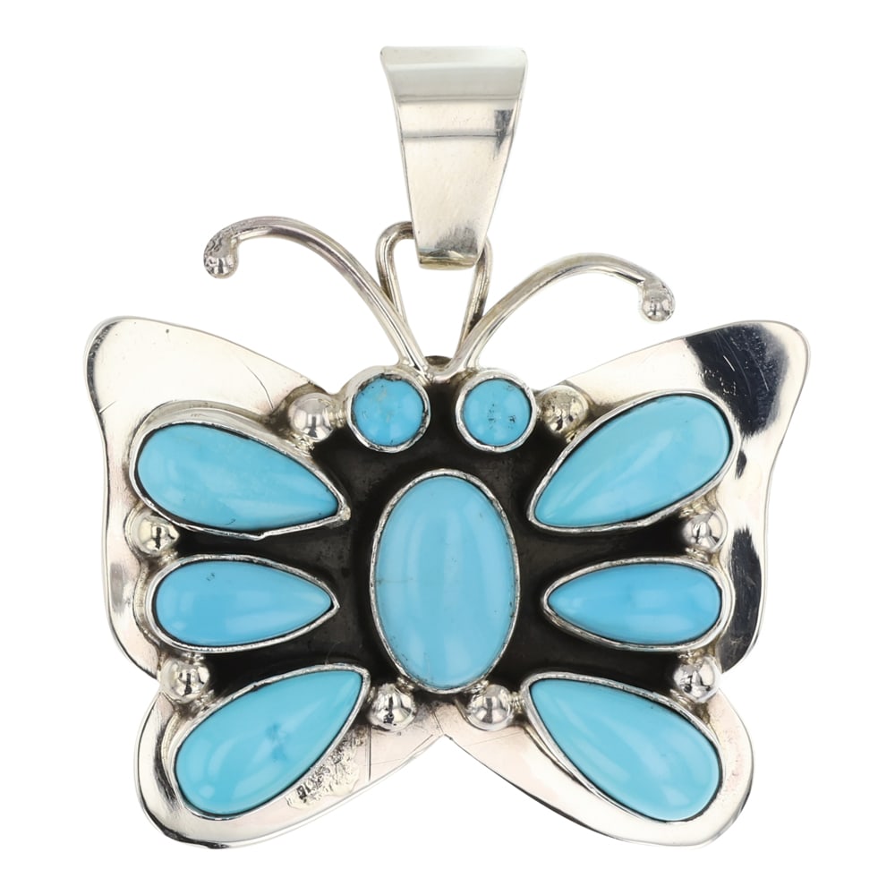 Darrin Livingston Navajo Sleeping Beauty Turquoise Butterfly Pendant: Sterling Silver | Genuine Sleeping Beauty Turquoise | Darrin Livingston Navajo Sleeping Beauty Turquoise Butterfly Pendant | Navajo Native American Southwest Indian Jewelry | Good (no breaks or damage