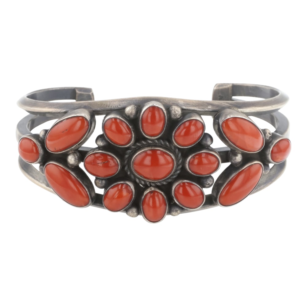 Vintage Navajo Mediterranean Ox Blood Coral Cluster Cuff Bracelet: Sterling Silver | Genuine Mediterranean Ox Blood Coral | Vintage Navajo Mediterranean Ox Blood Coral Cluster Cuff Bracelet | Navajo Native American Southwest Indian Jewelry | Good (no breaks or damage