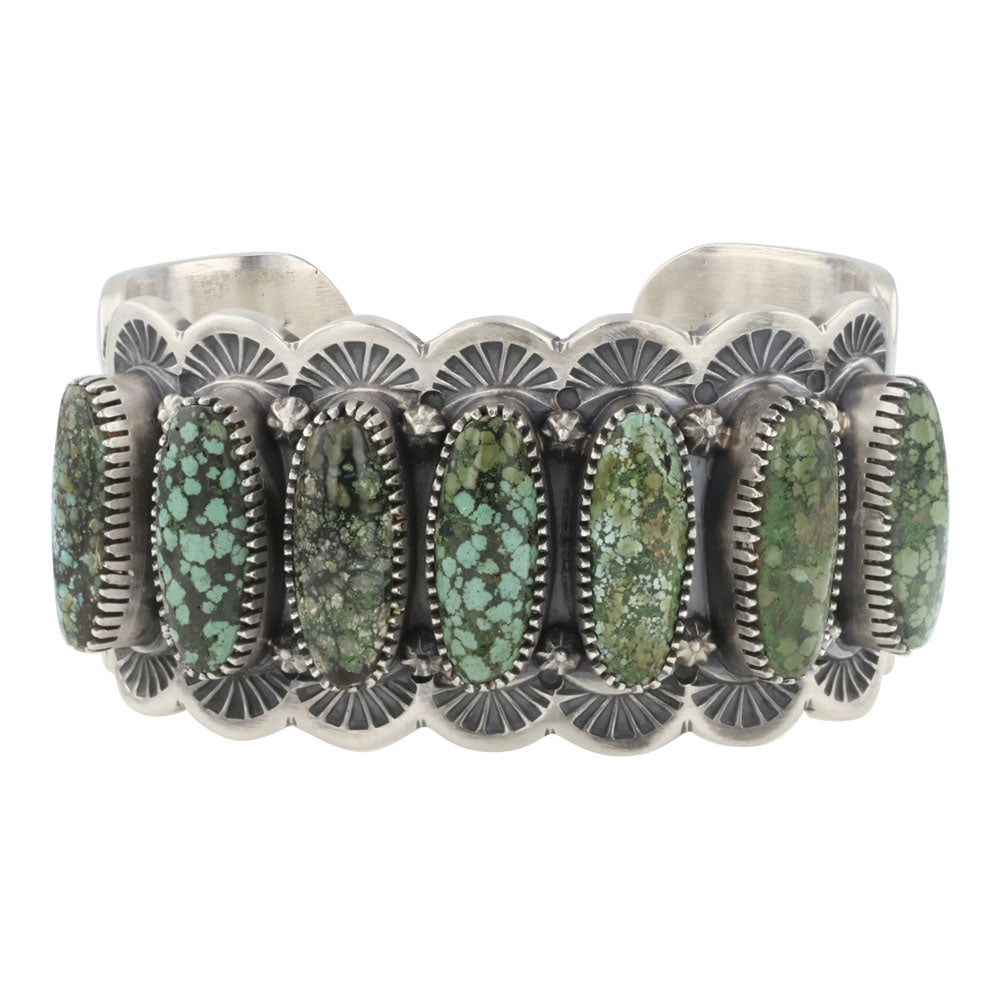 Mark Yazzie Navajo Spiderweb Turquoise Seven Stone Heavy Cuff Bracelet (1 of 4)