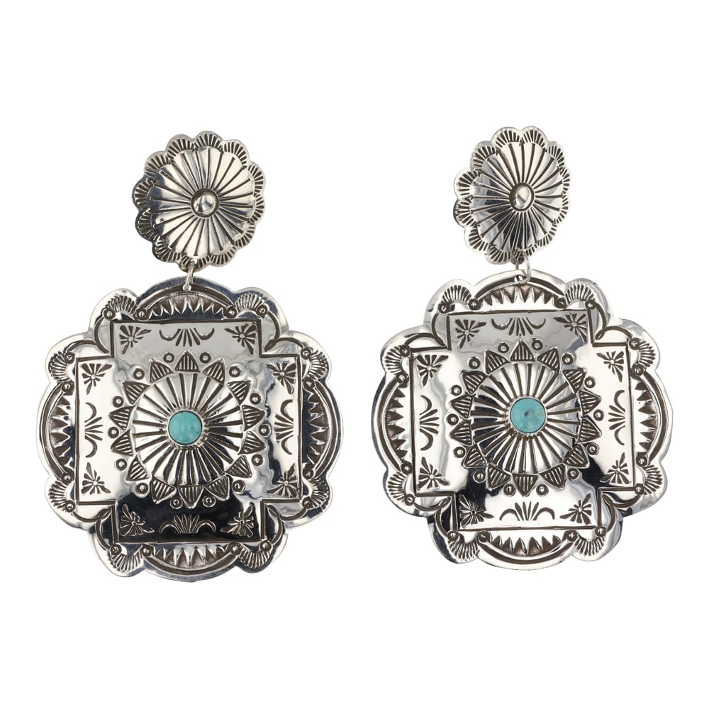 Arnold Blackgoat Navajo Compitos Turquoise Stamp Work Earrings (1 of 2)