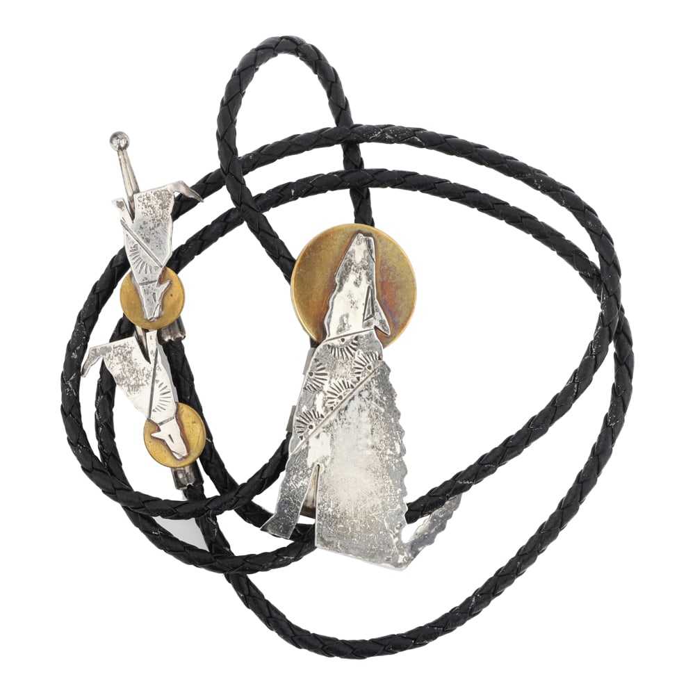 Vintage Navajo Sterling Silver & Brass Howling Wolf Bolo Tie (1 of 3)