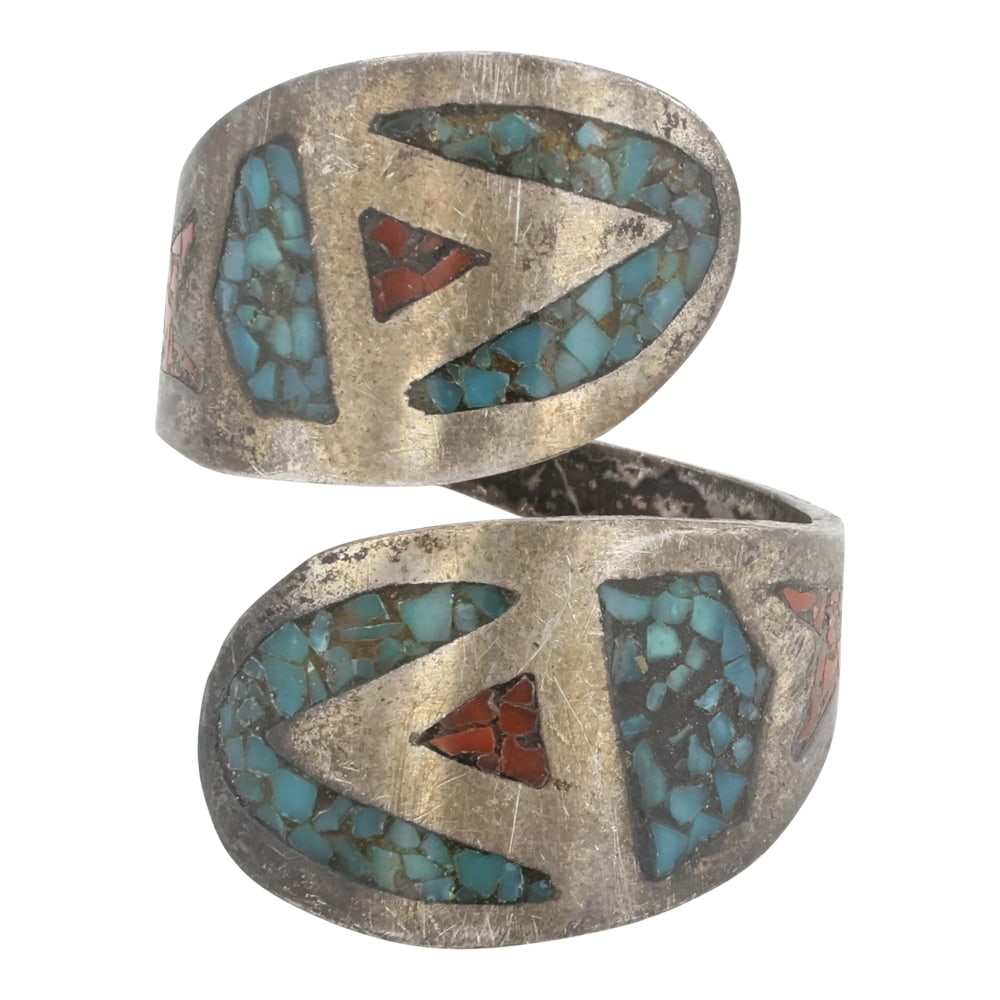 Vintage Navajo Turquoise & Coral Chip Inlay Adjustable Ring (1 of 3)