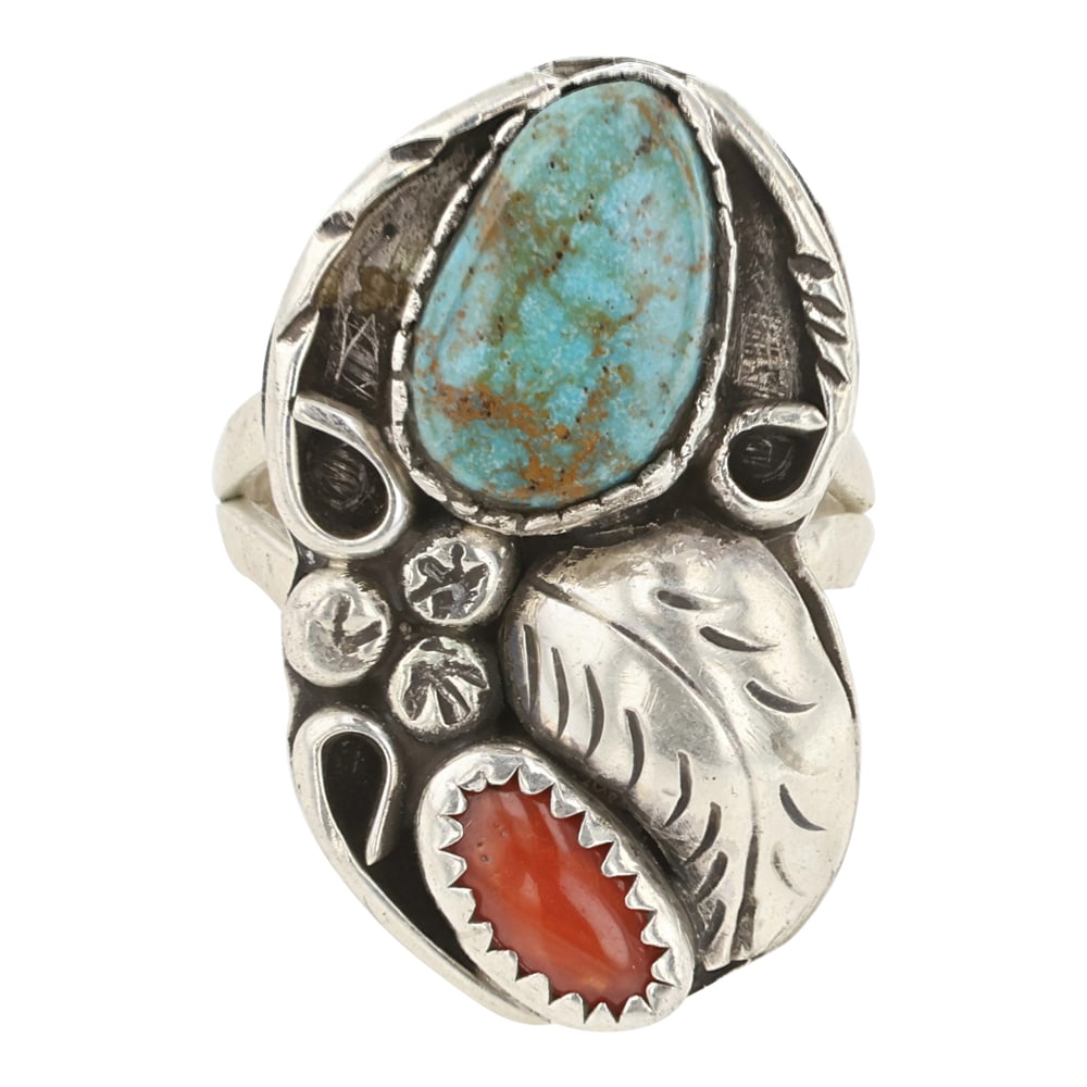 Vintage Navajo Turquoise & Coral Leaf Ring (1 of 3)