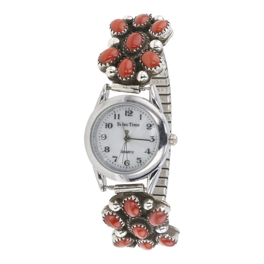 Robert Johnson Navajo Mediterranean Coral Watch Bracelet: Sterling Silver | Genuine Mediterranean Coral | Robert Johnson Navajo Mediterranean Coral Watch Bracelet | Navajo Native American Southwest Indian Jewelry | Good (no breaks or damages) | Approximate W