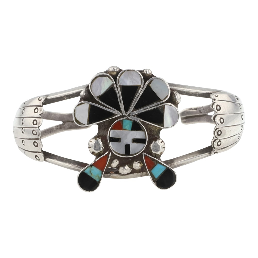 Vintage Zuni Turquoise Coral Jet Black & Mother of Pearl Inlay Bracelet (1 of 3)