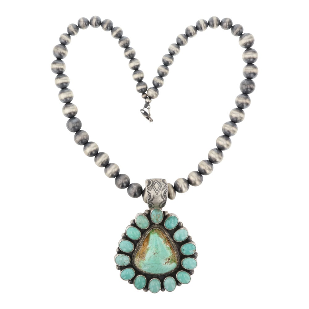 Raymond Beard Navajo Nevada Turquoise Pendant On Graduated Oxidized Beads Necklace (1 of 3)
