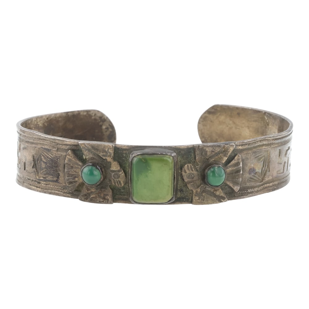 Vintage Fred Harvey Era Fox Turquoise Thunderbird Cuff Bracelet (1 of 3)