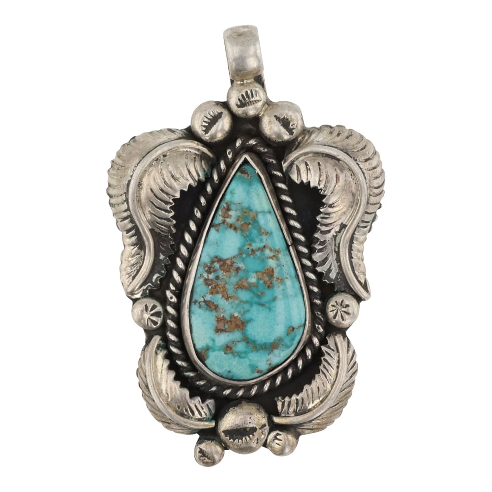 Vintage Navajo Turquoise Mountain Turquoise Leaf Work Pendant (1 of 2)