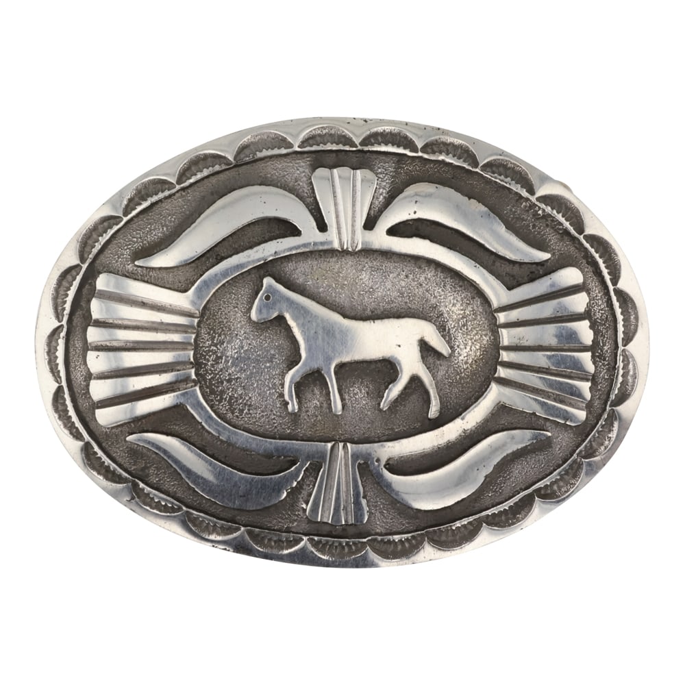 Emerson Kinsell Navajo Plain Silver Horse Buckle: Sterling Silver | | Emerson Kinsell Navajo Plain Silver Horse Buckle | Navajo Native American Southwest Indian Jewelry | Good (no breaks or damages) | Approximate Weight: 65 Grams | Buckle: 3" x 2.25"