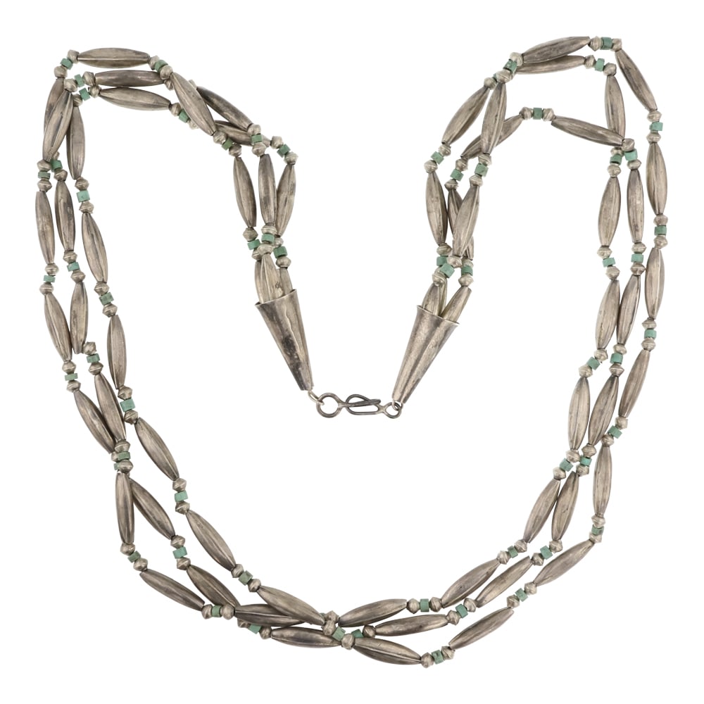 Vintage Navajo Turquoise & Sterling Silver Fluted Beads Three Strand Necklace (1 of 3)