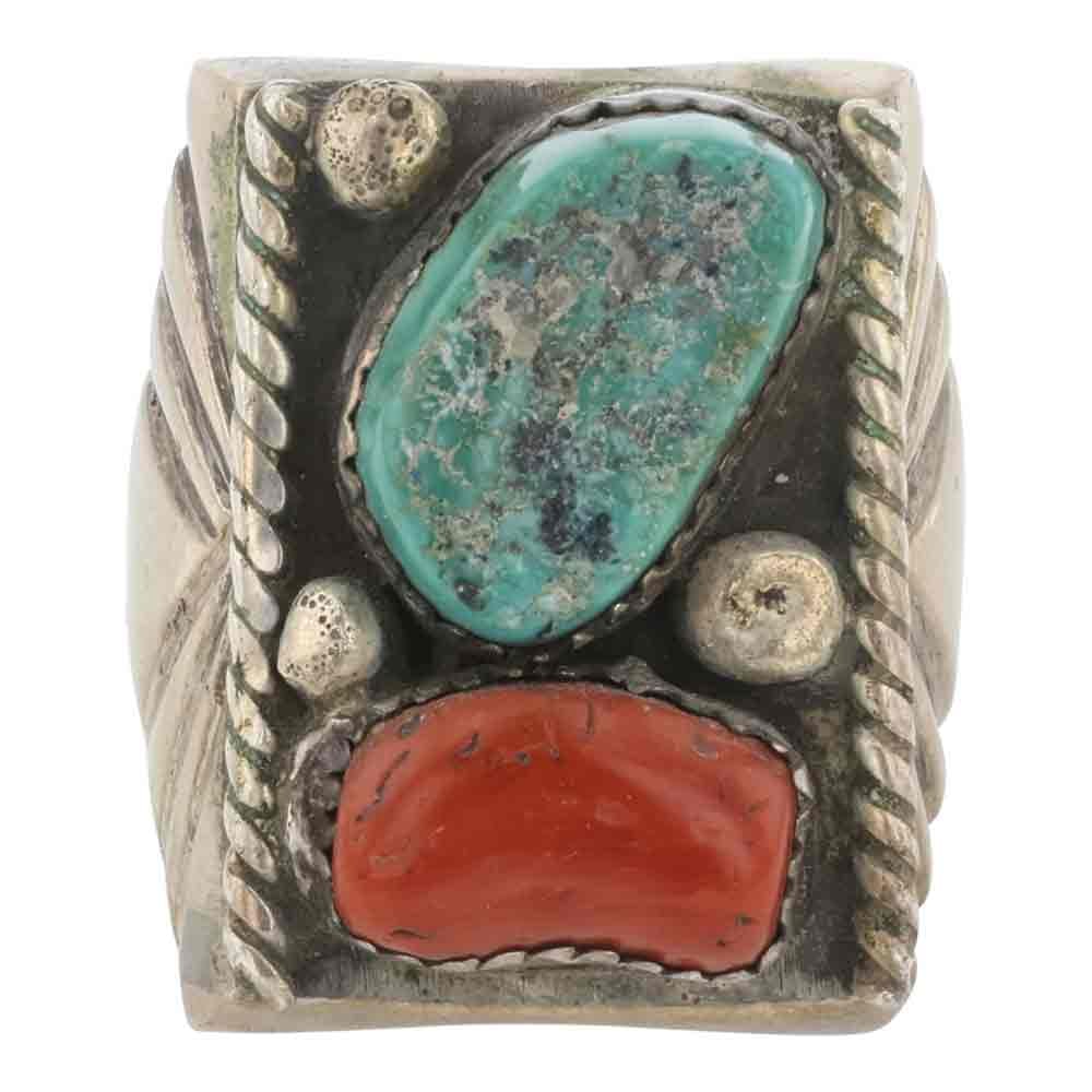 Vintage Navajo Turquoise & Coral Men's Ring (1 of 3)