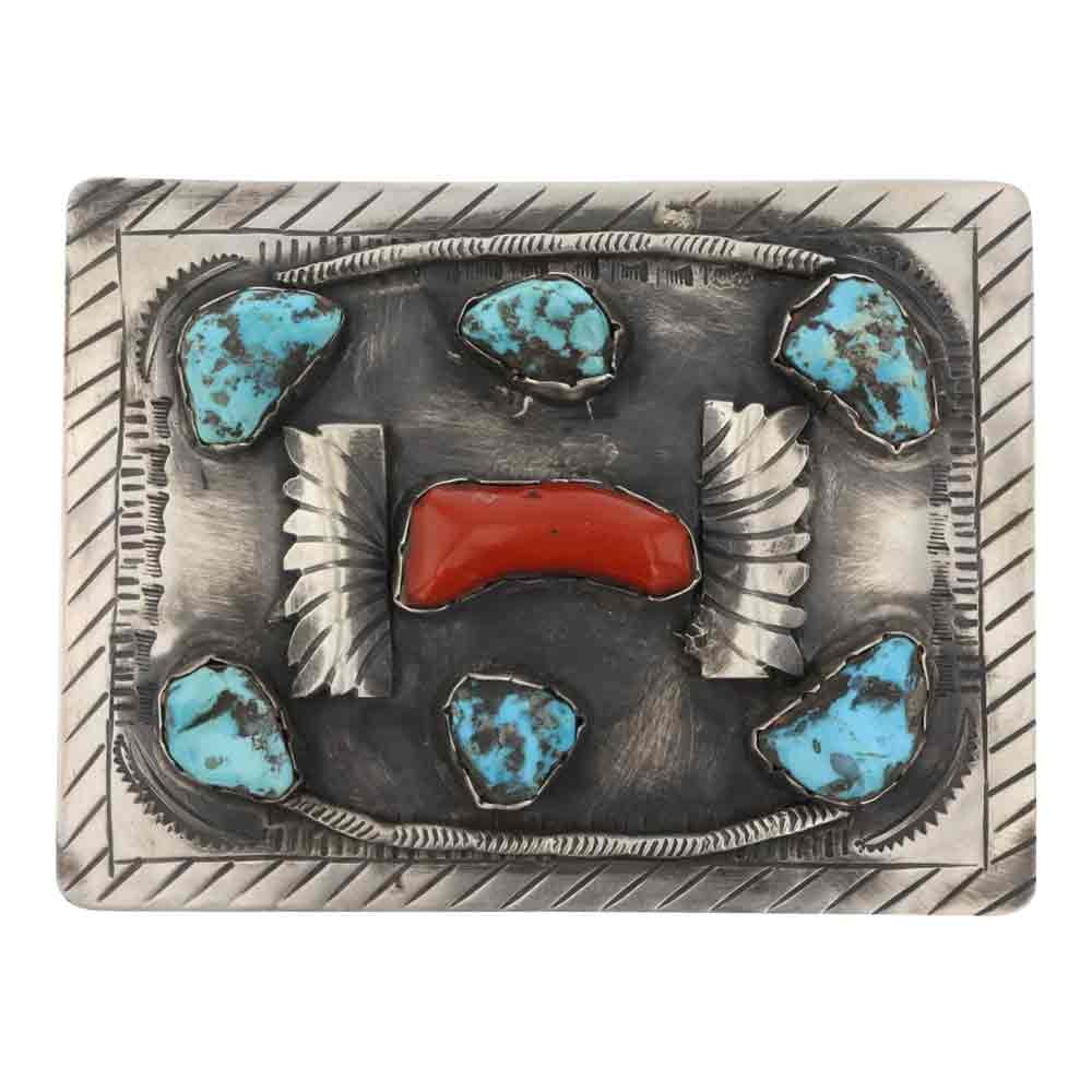 Vintage Navajo Turquoise & Mediterranean Coral Belt Buckle: Sterling Silver | Genuine Turquoise & Mediterranean Coral | Vintage Navajo Turquoise & Mediterranean Coral Belt Buckle | Navajo Native American Southwest Indian Jewelry | Good (no breaks or damages) |