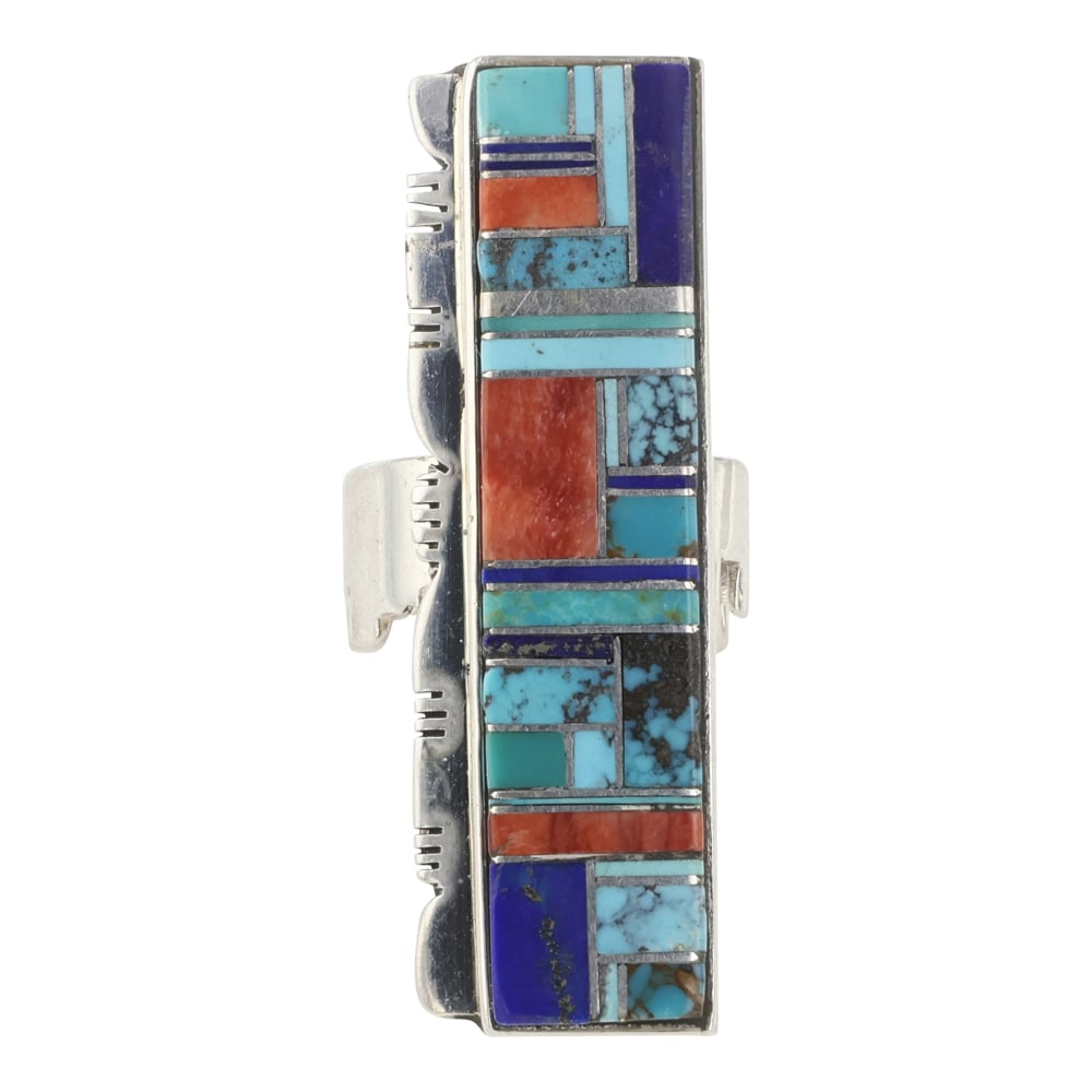 Patricia Edward Becenti Navajo Turquoise Spiny Oyster & Lapis Inlay Large Rectangle Ring (1 of 3)