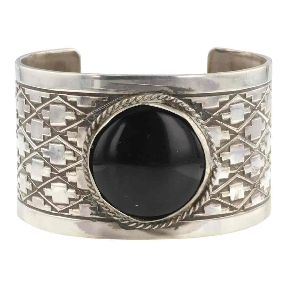 Rick Enriquez Navajo Black Onyx Stamp Work Wide Cuff Bracelet (1 of 3)