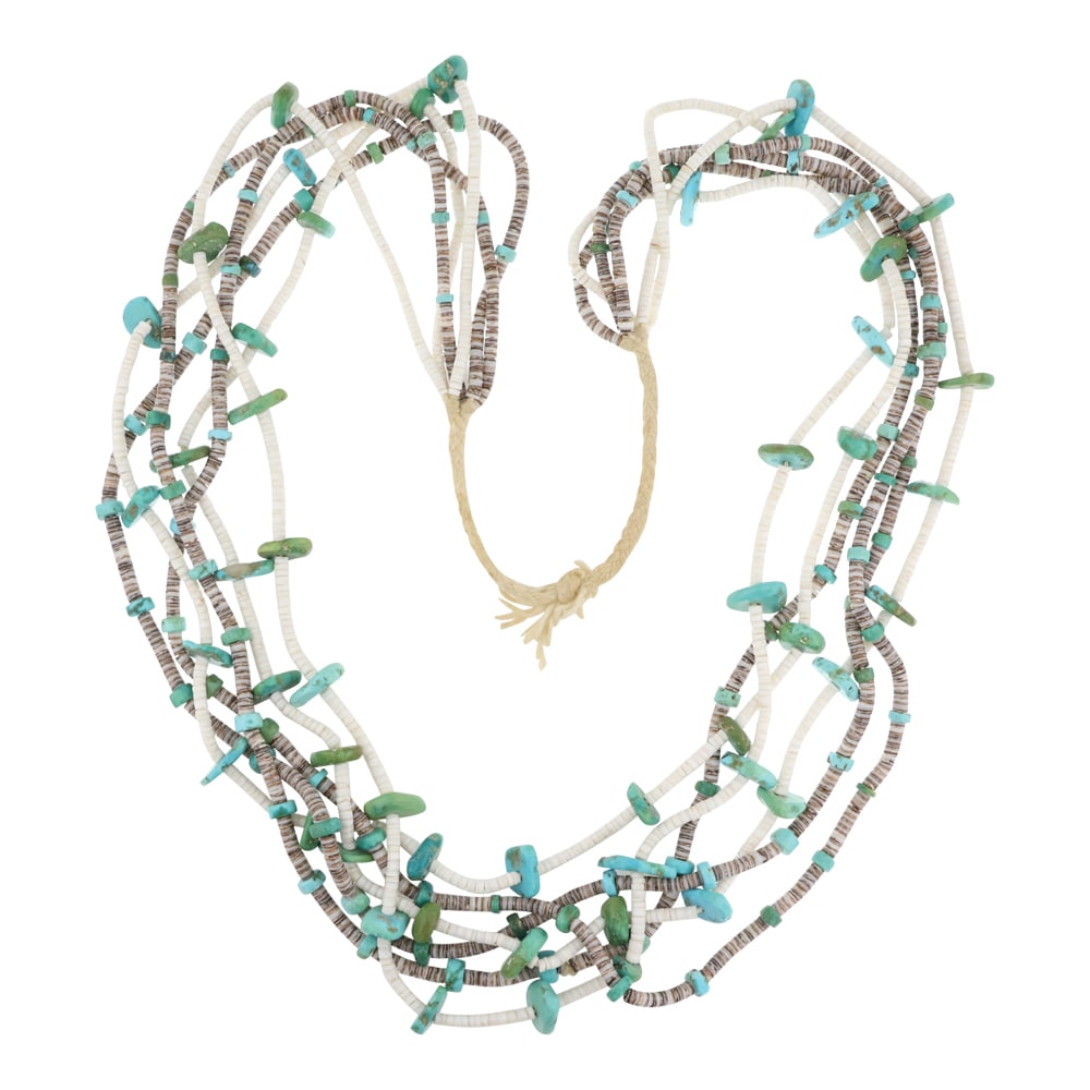 Santa Domingo Shell Heishi & Turquoise Six Strand Necklace: | Genuine Turquoise & Shell | Santa Domingo Shell Heishi & Turquoise Six Strand Necklace | Santa Domingo Pueblo Native American Southwest Indian Jewelry | Good (no breaks or damages) | Approximate Wei