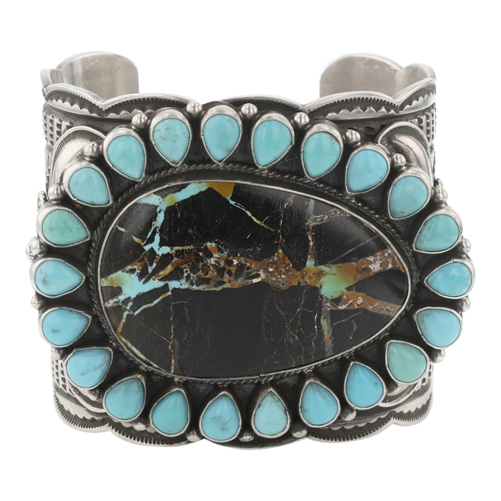 Andy Cadman Navajo Blackjack Turquoise Cluster Stamp Work Cuff Bracelet (1 of 4)