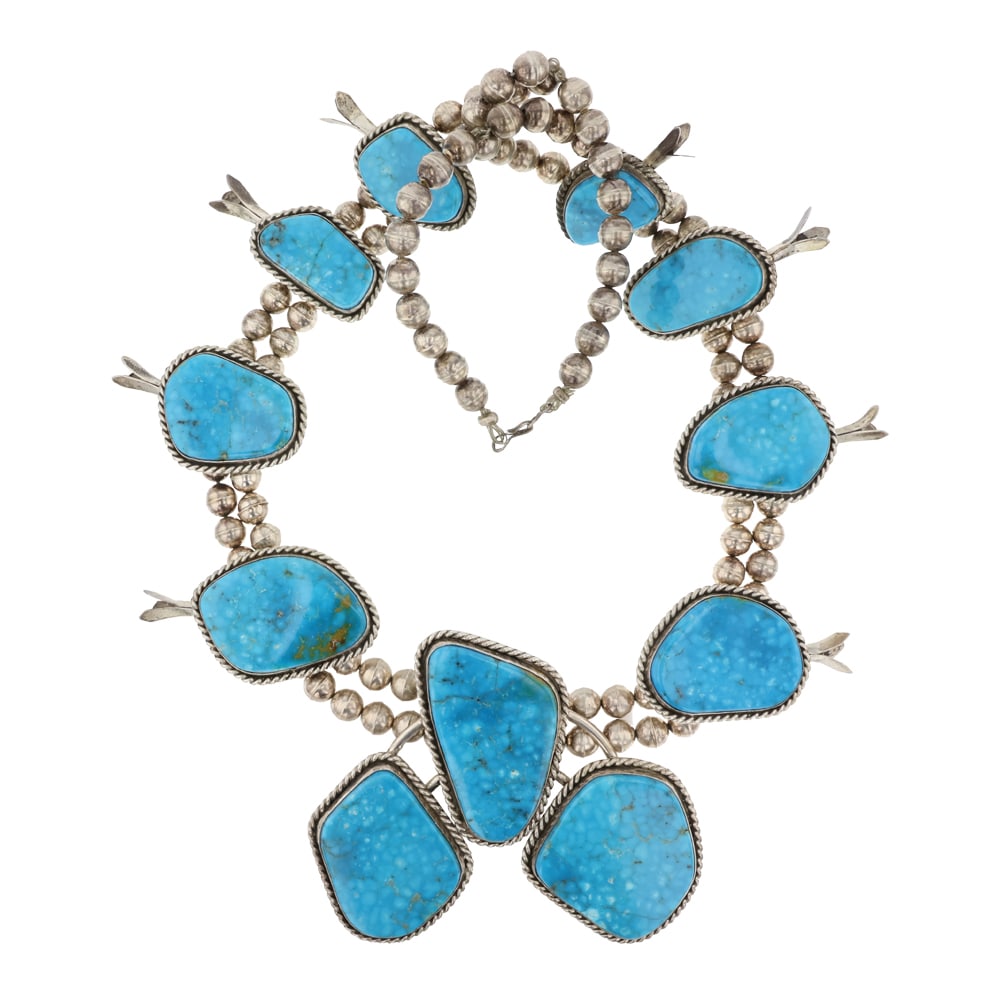 Vintage Navajo Kingman Turquoise Large Stones Squash Blossom Massive Necklace (1 of 3)