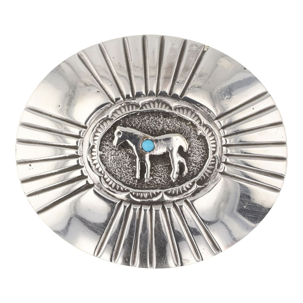 Emerson Kinsell Navajo Kingman Turquoise Horse Buckle: Sterling Silver | Genuine Kingman Turquoise | Emerson Kinsell Navajo Kingman Turquoise Horse Buckle | Navajo Native American Southwest Indian Jewelry | Good (no breaks or damages) | Approximate Weight