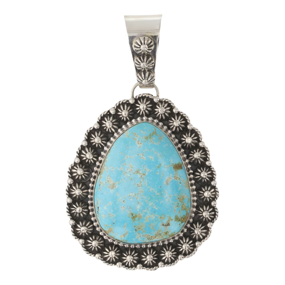 Ella Linkin Navajo Nevada Turquoise Pendant: Sterling Silver | Genuine Nevada Turquoise | Ella Linkin Navajo Nevada Turquoise Pendant | Navajo Native American Southwest Indian Jewelry | Good (no breaks or damages) | Approximate Weight: 45 Grams