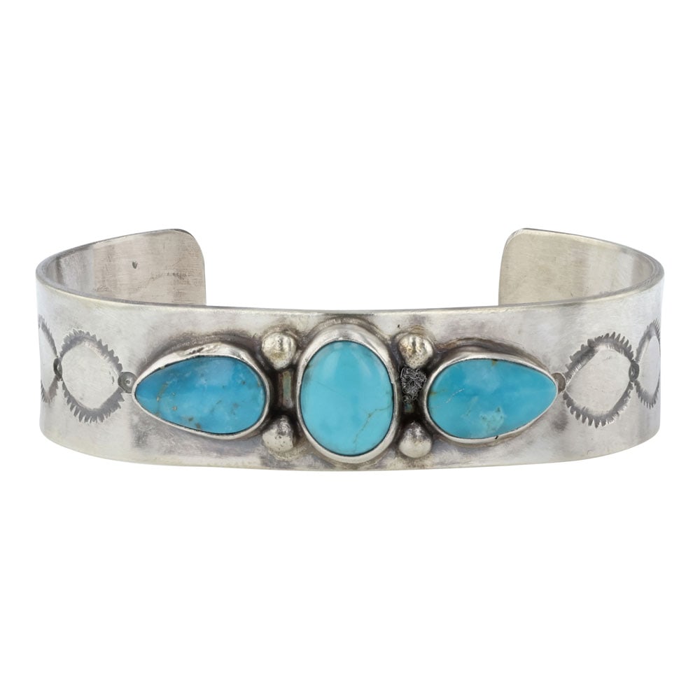 Navajo Blue Ridge Turquoise Three Stone Cuff Bracelet (1 of 3)