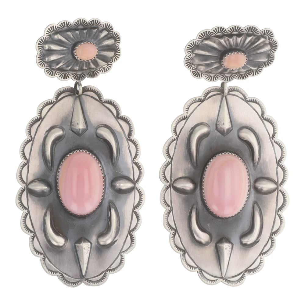 Navajo Pink Conch Bump Out Earrings: Sterling Silver | Genuine Pink Conch | Navajo Pink Conch Bump Out Earrings | Navajo Native American Southwest Indian Jewelry | Good (no breaks or damages) | Approximate Weight: 34 Grams | Earrings: 1.
